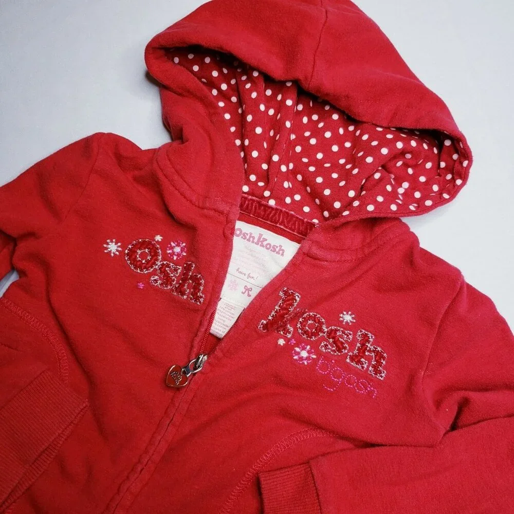 Osh Kosh Bgosh Girls' 2T Zip-up Sweater Hooded Jacket Red w/ Heart Zipper Pull